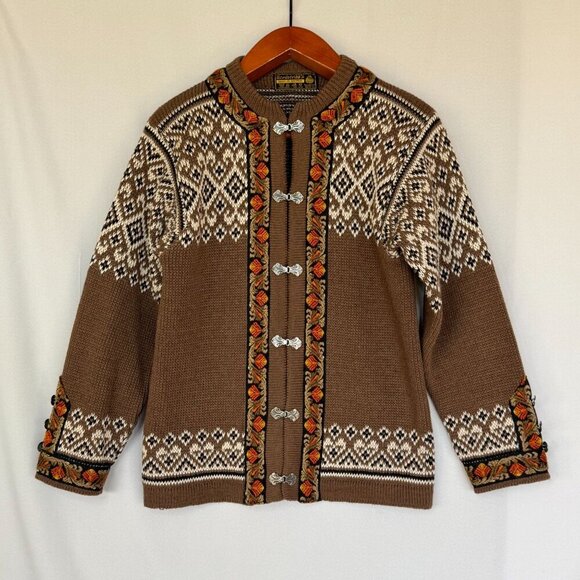 Vintage Nordstrickk Brown 100% Wool Nordic Fair Isle Silver Closure Cardigan - Picture 1 of 16